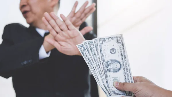 Bribery Corruption Concept Businessman Refusing Receive Money Envelope Agreement Contract — Stock Photo, Image