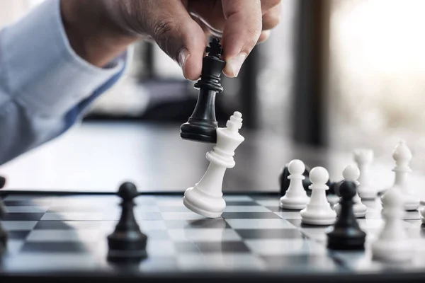 Businessman`s Hand Playing Chess Game To Development Analysis Ne Stock  Photo - Image of competition, business: 123928716