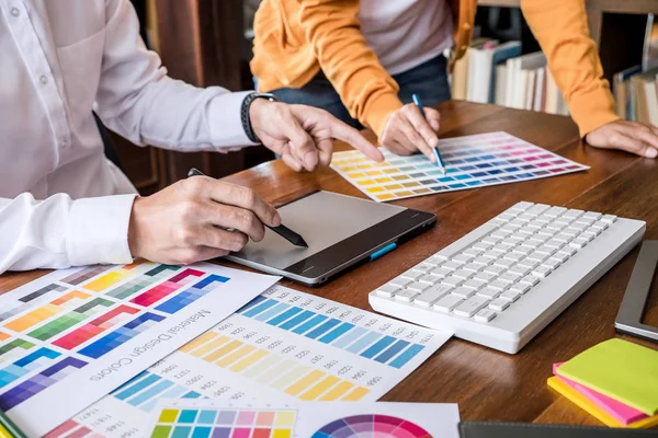 Two Colleagues Creative Graphic Designer Working Color Selection Drawing Graphics — Stock Photo, Image