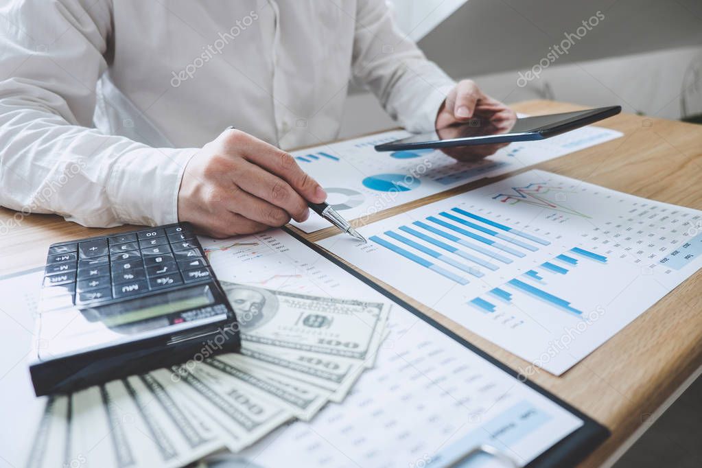 Finances Saving Banking Concept, Man accountant calculations inc