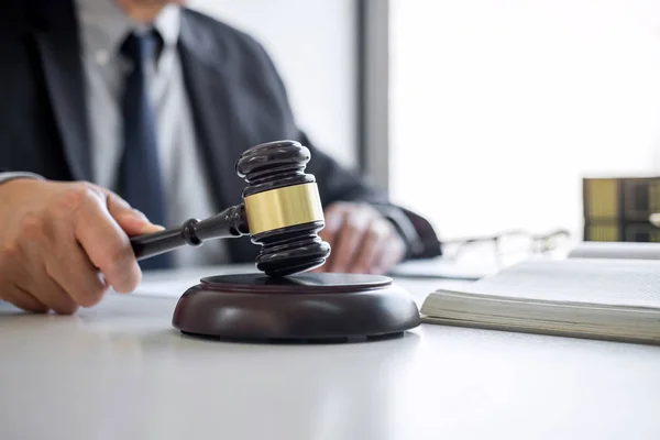 Judge gavel with Justice lawyers, Counselor in suit or lawyer wo — Stock Photo, Image