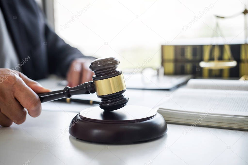 Judge gavel with Justice lawyers, Counselor in suit or lawyer wo