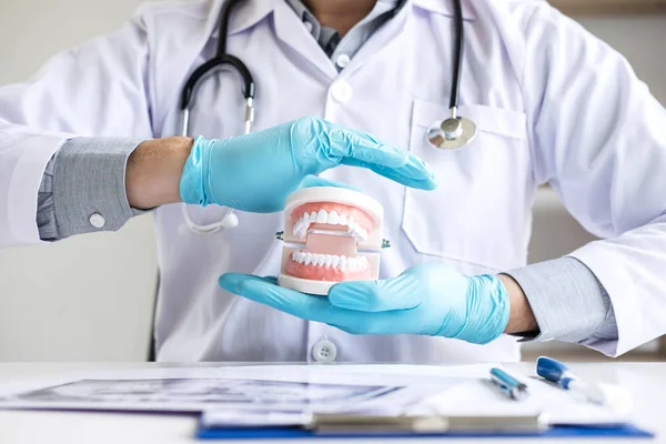 Doctor tandarts bescherming tandheelkundige model op werkplek met x — Stockfoto