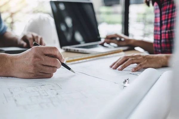 Architecture Engineer Teamwork Meeting, Drawing and working for — Stock Photo, Image