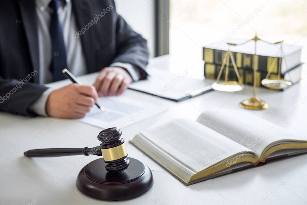 Judge gavel with Justice lawyers, Counselor in suit or lawyer wo