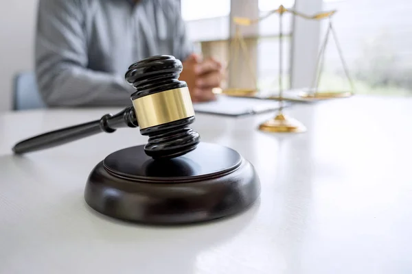 Judge gavel with Justice lawyers, Counselor in suit or lawyer wo — Stock Photo, Image