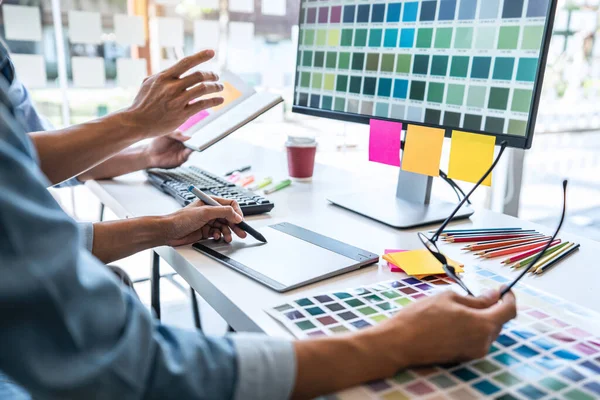 Young Colleagues Designers Working Together Creative Project Color Samples Selection — Stock Photo, Image
