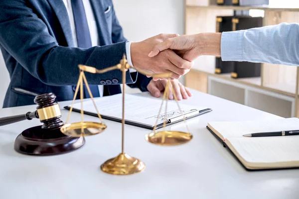 Handshake Após Boa Cooperação Empresária Apertando Mãos Com Advogado Masculino — Fotografia de Stock