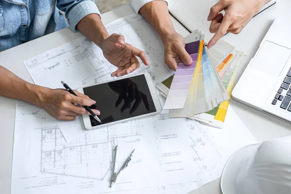 Conceito Construção Estrutura Reunião Trabalho Equipe Engenheiro Arquiteto Para Projeto — Fotografia de Stock