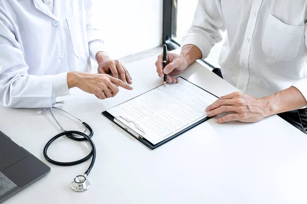 Doctor presenting report of diagnosis, symptom of disease and recommend something a method with patient treatment, after results about the problem illness of patient.