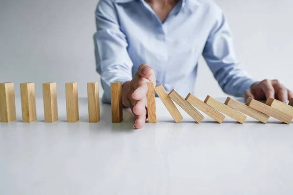 Risk Strategy Business Close Business Woman Hand Stopping Wooden Block — Stock Photo, Image