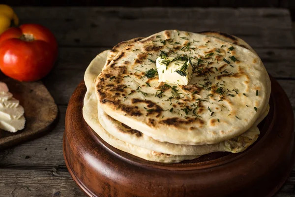 Pita Bread Wooden Board Feta Cheese Tomatoes Pepper Still Life — Stock Photo, Image