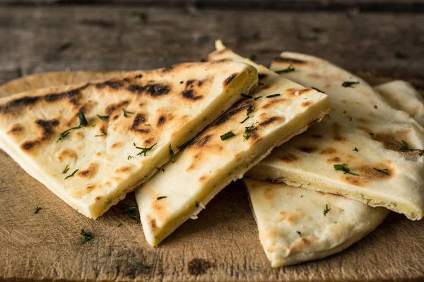 Pita Bread Wooden Board Feta Cheese Tomatoes Pepper Still Life — Stock Photo, Image