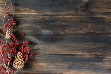 Noel arka plan kopya alanı ile. Yeni yıl süslemeleri ile arka plan. Koni, çilek, karaçalı, alıç. Kış şube. Noel kompozisyon. Tatil kompozisyon. Noel dekorasyon. Yule.