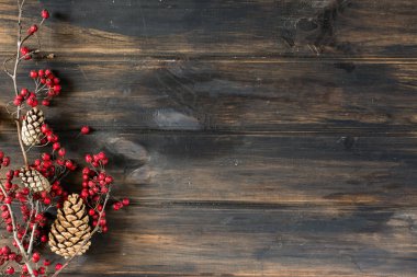 Noel arka plan kopya alanı ile. Yeni yıl süslemeleri ile arka plan. Koni, çilek, karaçalı, alıç. Kış şube. Noel kompozisyon. Tatil kompozisyon. Noel dekorasyon. Yule.