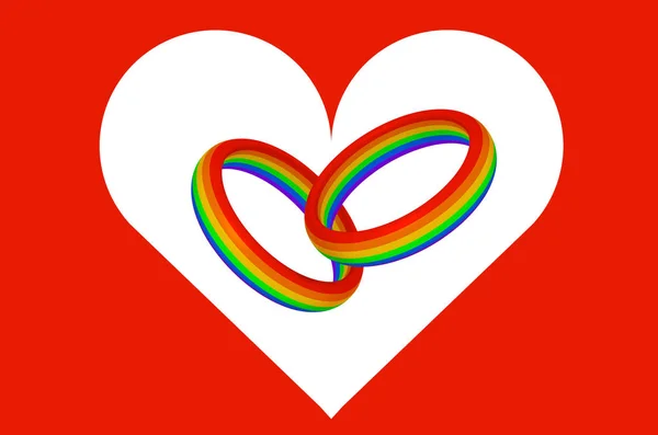 つの虹色の赤の背景 イラストを心のシンボルが付いているリング Lgbt 結婚概念 — ストック写真