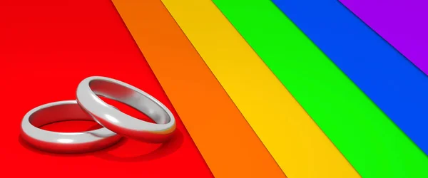ホワイトゴールド リング虹色背景 イラストです ゲイやレズビアンの結婚の概念 — ストック写真