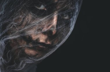 Ürpertici karakter spiderweb siyah arka plan üzerine kaplı. Halloween korkunç yaratık portre kopya alanı ile