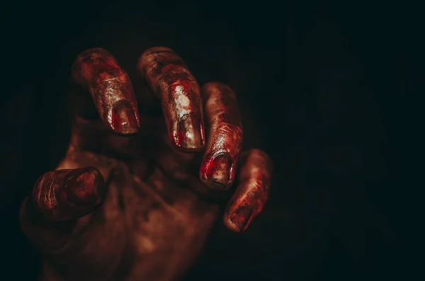 Bloedige Vuile Zombie Hand Zwarte Achtergrond Met Kopie Ruimte Spooky — Stockfoto