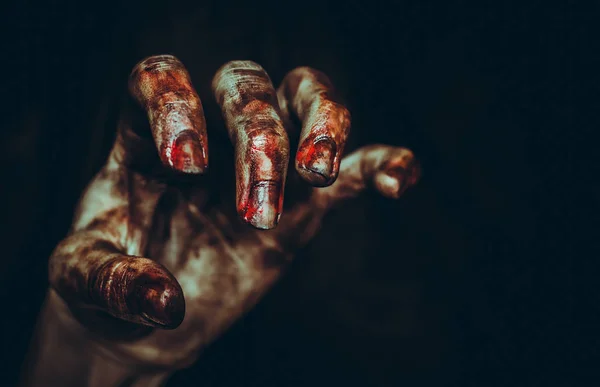 Bloody Dirty Zombie Hand Black Background Copy Space Halloween Spooky — Stock Photo, Image