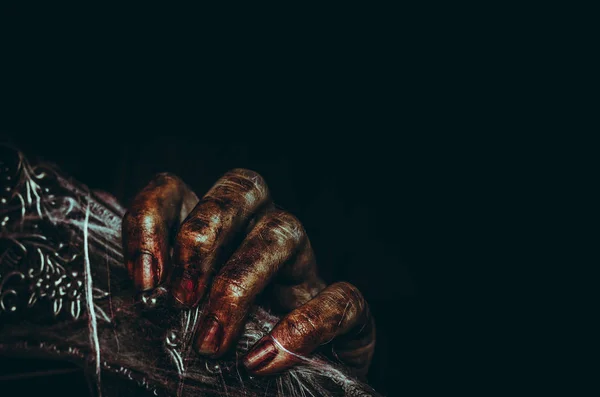 Bloody Dirty Dead Hand Keeps Ancient Frame Covered Old Creepy — Stock Photo, Image