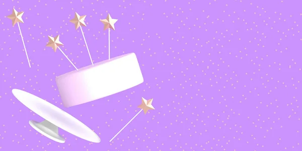 Birthday cake with stars on sticks and white dish on violet pastel background 3D illustration copy space