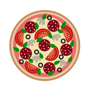 Mantar, domates, salam, peynir, yeşil ve beyaz arka plan üzerinde 3d illüstrasyon izole sos üstten görünüm zeytinli pizza yuvarlak kesilmemiş