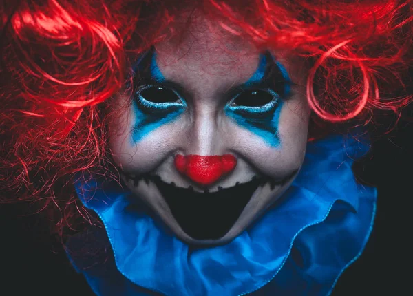 Creepy Clown Close Spooky Halloween Portrait Black Background — Stock Photo, Image