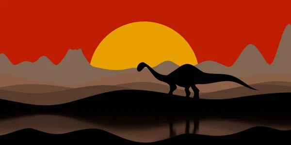 Силуэт Динозавра Закатном Вечере Вулканом Горами Заднем Плане Водой Отражениями — стоковое фото