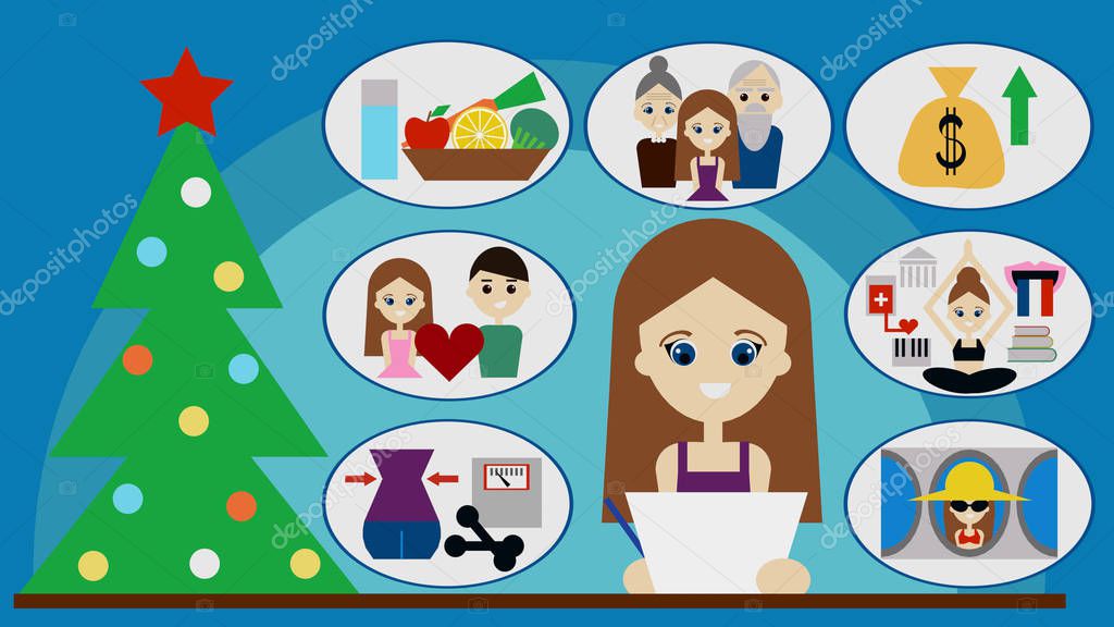 Woman writes New Years resolutions 3D illustration. Concept of annual promises to eat healthy food, visit family oftener, lose weight, do yoga, donate blood, find love and hobby, travel more