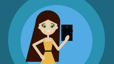 Genç kız tutar gülümseyen bir gadget'ı ve gets çok düz tasarım 3d çizim seviyor. Blogging, aşk mesajları, sosyal ağ onayını olan ya da herhangi bir tanışma app kullanarak almaya kavramı.