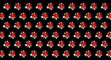 Çiçek desenli siyah yatay arka plan 3d çizim üzerinde küçük kırmızı çiçekli