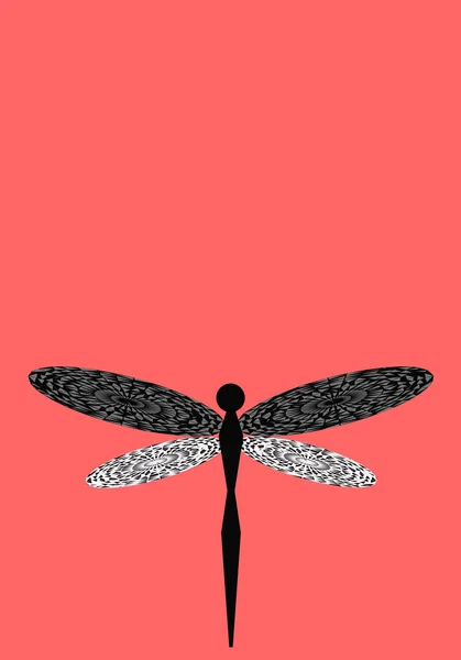 Dragonfly Blanc Noir Sur Fond Corail Copier Espace Vertical Illustration — Photo