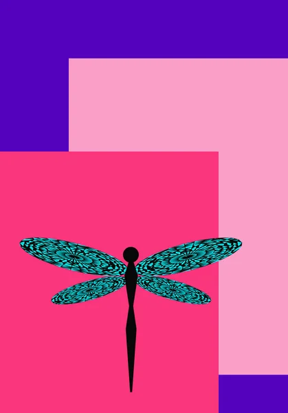黑色蜻蜓与蓝色翼在粉红色紫罗兰色背景拷贝空间3D — 图库照片