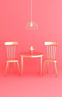 Kaktüs, iki sandalye ve şık avize trendy iç pembe arka plan 3d çizim üzerinde altın tablo