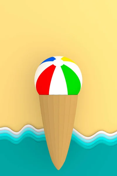 Ice Cream Beach Ball Takes Sunbathe Sandy Shore Abstract Background — Stock Photo, Image