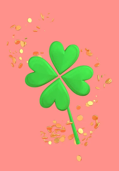 Irish lucky four-leaf clover and golden coins, St. Patrick\'s Day concept 3D illustration on light coral pastel background