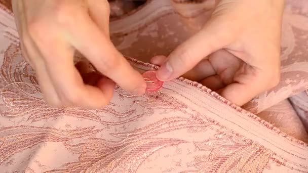 Hands Young Woman Sew Button Needle Close — Stock Video