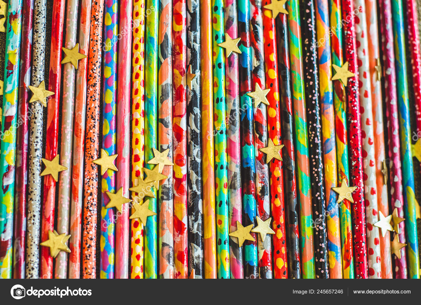 Colorful Painted Sticks Golden Confetti Stars Bright Vivid Images, Photos, Reviews