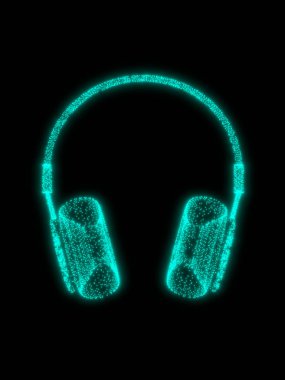 Siyah arka plan dikey 3d illüstrasyon parlayan ışık mavi kulaklık