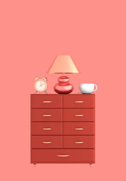 Chest of drawers, a lamp, a white cup, alarm clock on coral pastel background 3D illustration