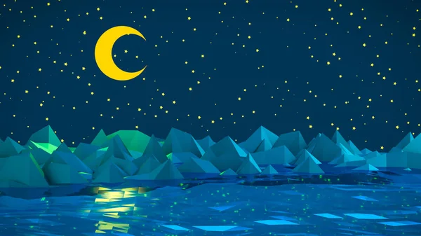 Ночная сцена с луной и поверхностью воды с айсбергами 3D иллюстрация — стоковое фото