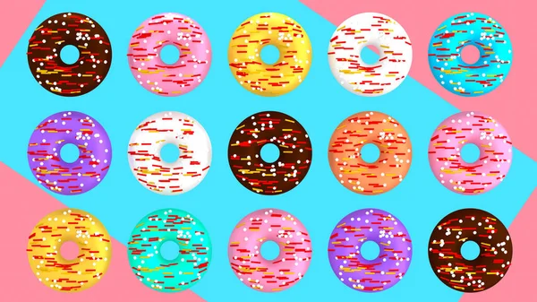 Colorful donuts on blue pink background 3D illustration — Stock Photo, Image