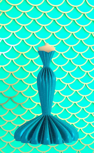 Vestido de sirena turquesa para eventos especiales sobre fondo escamoso ilustración 3D — Foto de Stock