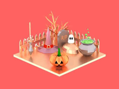 Mezarlık 3d illüstrasyon üzerinde kabak cadı şapka hayalet ve iksir pot ile Halloween isometrik sahne