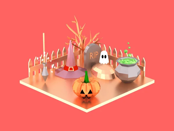 Escena isométrica de Halloween con sombrero de bruja de calabaza fantasma y poción olla en el cementerio ilustración 3D — Foto de Stock