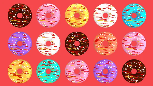Lines of colorful donuts on coral background 3D illustration — Stock Photo, Image