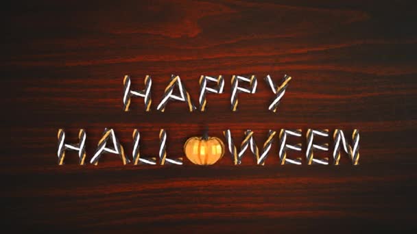 Texto Feliz Halloween Elementos Movimento Uma Abóbora Fundo Madeira Looped — Vídeo de Stock