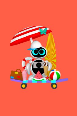 Sevimli robot farklı yaz özellikleri 3d illüstrasyon ile tatil için hazır
