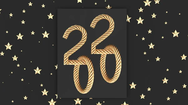 Number 2020 consists of golden chains and little stars on grey background 3D illustration